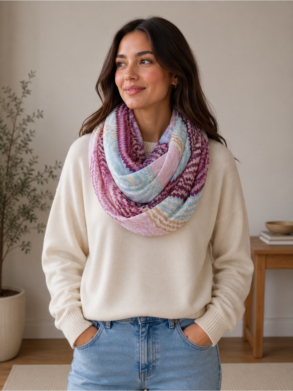 Multicolor Knit Scarf - Pink, Blue & Cream